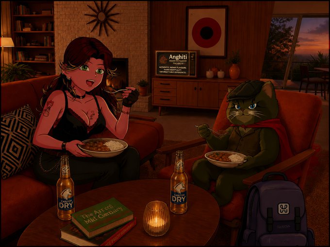 An illustrated scene showing a tattooed woman and an anthropomorphic cat in detective attire eating bowls of food on a couch, surrounded by Coors Dry beer bottles, a book titled 'The Art of Mid Century,' and a blue backpack.