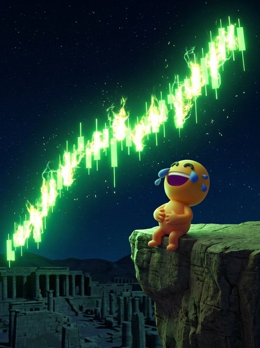 A 3D rendered yellow cartoon character sitting on a cliff edge with animated tears of joy, with a glowing green candlestick chart showing an upward trend in the background above ruins.