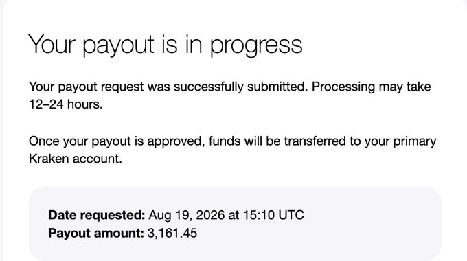 A screenshot from Kraken confirming a payout in progress for 3,161.45, requested on Aug 19, 2026 at 15:10 UTC, with a note that processing takes 12-24 hours before funds transfer to the primary Kraken account—supporting the post celebrating a first successful payout with Kraken Prop.