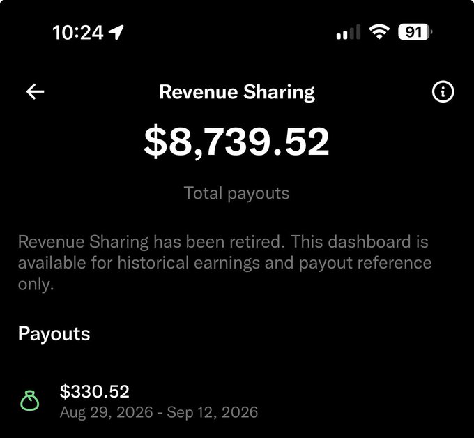 A screenshot of a Revenue Sharing dashboard showing $8,739.52 in total payouts, noting the program has been retired and is available for historical reference only.