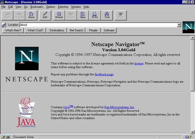 A screenshot of Netscape Navigator Version 3.04Gold displaying the 'About' page, featuring the Netscape logo and Java compatibility notice.