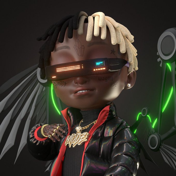A 3D-rendered cyberpunk-style character with two-toned dreadlocks, futuristic visor, neon green mechanical wings, and a gold chain reading 'XAVIER'.