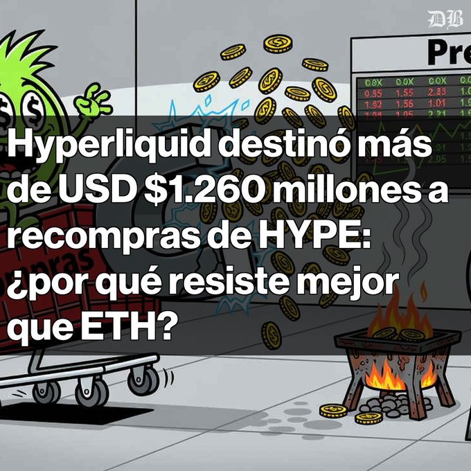 Images of a cartoon character with coins and a furnace, featuring a Spanish headline: "Hyperliquid destinó más de USD $1.260 millones a recompras de HYPE: ¿por qué resiste mejor que ETH?" (Hyperliquid allocated over USD $1.260 billion to HYPE buybacks: why does it resist better than ETH?)