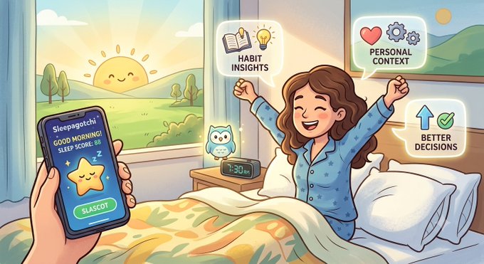 A cartoon-style illustration of a happy woman stretching in bed next to a sleeping owl alarm clock and a smartphone displaying a 'Sleepagotchi' app with 'GOOD MORNING! SLEEP SCORE: 88', surrounded by callouts for 'HABIT INSIGHTS', 'PERSONAL CONTEXT', and 'BETTER DECISIONS'.