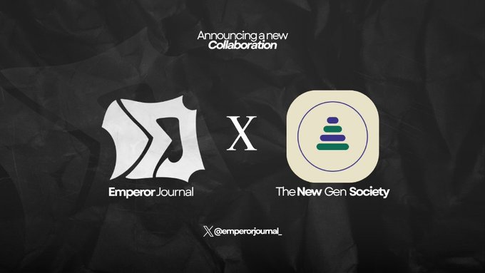 A dark promotional graphic announces a collaboration between Emperor Journal and The New Gen Society, featuring the "EJ" Emperor Journal logo and the colorful New Gen Society app icon separated by an "X," with the handle @emperorjournal displayed below against a black textured background.