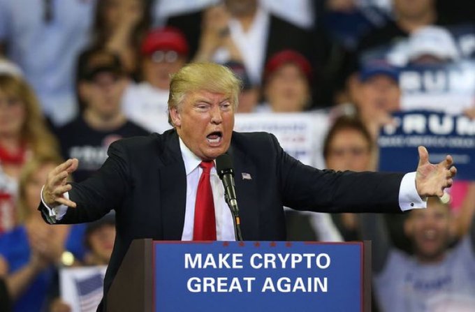A political rally scene showing a Donald Trump lookalike speaking at a podium reading 'MAKE CRYPTO GREAT AGAIN', with a cheering crowd holding signs behind him.