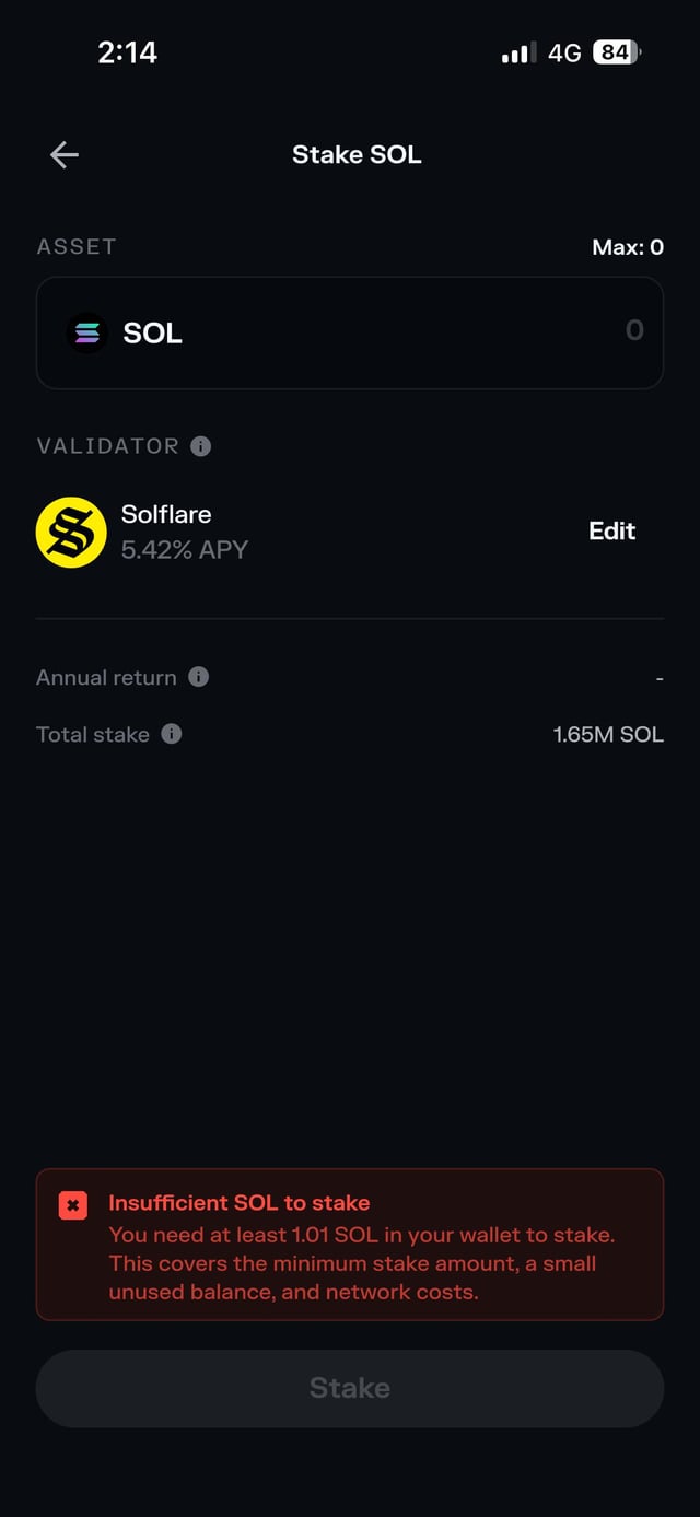 A mobile app screenshot showing a 'Stake SOL' interface with the Solflare validator selected at 5.42% APY, displaying an 'Insufficient SOL to stake' error message requiring at least 1.01 SOL.