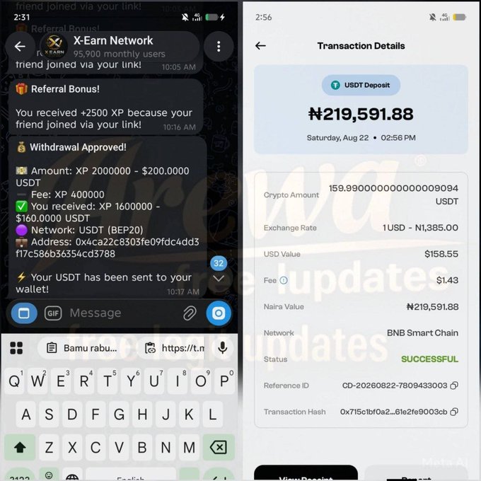 Two screenshots show a Telegram chat from "X-Earn Network" announcing a referral bonus and withdrawal of $160 USDT (BEP20), alongside a transaction details screen confirming a successful USDT deposit of ₦219,591.88 on the BNB Smart Chain network.