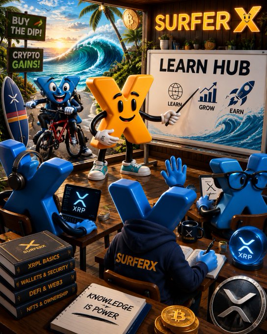 A vibrant promotional image for 'SURFER X' featuring 3D characters with 'X' faces, including books titled 'XRPL BASICS', 'WALLETS & SECURITY', 'DEFI & WEB3', and 'NFTs & OWNERSHIP', with signs reading 'BUY THE DIP!', 'CRYPTO GAINS!', and 'LEARN HUB'.