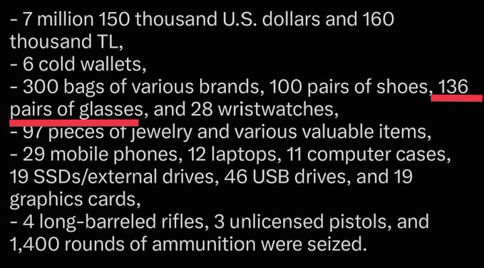 A text excerpt listing seized items including '$7 million 150 thousand U.S. dollars', '300 bags of various brands', '136 pairs of glasses', '97 pieces of jewelry', and weapons; '136 pairs of glasses' is underlined in red.