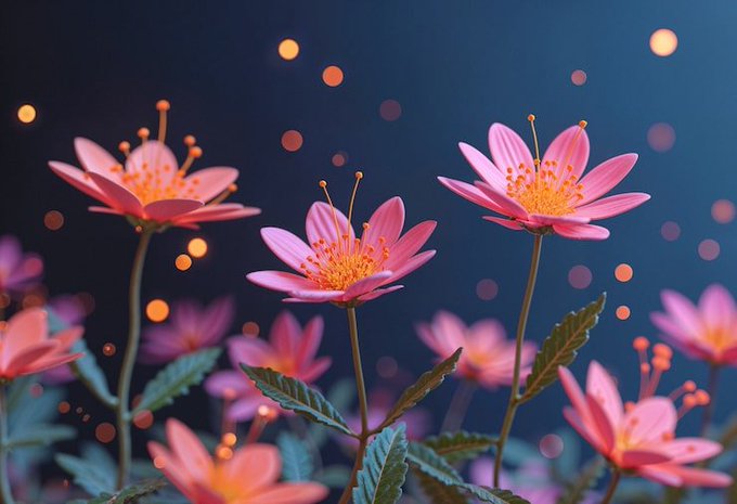 The image features a group of pink flowers with green leaves, set against a dark blue background. The flowers are arranged in various positions, creating an interesting visual effect. The photo has been edited or enhanced using filters, giving it a more artistic appearance. The caption below the image provides context about the post and its creator.