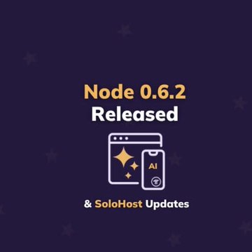 A dark purple graphic announces "Node 0.6.2 Released" alongside "& SoloHost Updates," featuring an icon of a browser window with sparkles connected to a mobile phone labeled "AI." The image relates to the post by visually representing Pi's Node software update, which expands functionality beyond blockchain validation to include SoloHost—a feature connecting nodes to real hardware resources for distributed computing and AI capabilities within the Pi ecosystem.