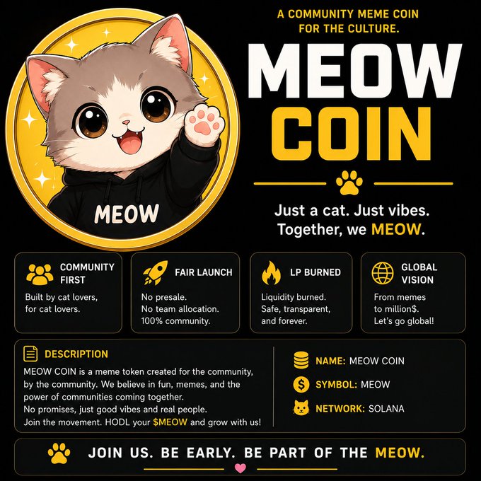 A promotional graphic for 'MEOW COIN' — 'A COMMUNITY MEME COIN FOR THE CULTURE' — featuring a cute cat mascot, with details listing Community First, Fair Launch, LP Burned, and Global Vision on the Solana network.