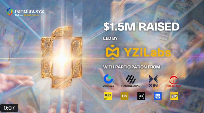 A promotional graphic announcing '$1.5M RAISED' led by YZiLabs on rendiss.xyz (built on BNB Chain), with participation from C Ventures, HASHGLOBAL, XIN, Redline DAO, and other partners, featuring a glowing gold padlock background.