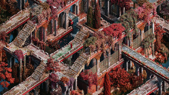 An intricate isometric digital artwork depicting a complex, multi-level architectural structure overgrown with red, orange, and pink foliage, featuring numerous staircases, columns, and walkways.