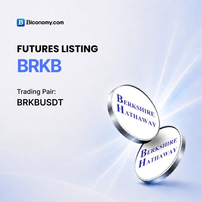 A promotional graphic from Biconomy.com announcing 'FUTURES LISTING BRKB' with the trading pair 'BRKBUSDТ', featuring 3D coin graphics displaying the Berkshire Hathaway logo.