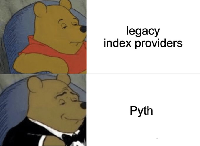This meme shows Winnie the Pooh in two panels, with the top panel featuring "legacy index providers" and the bottom panel showing a more pleased Pooh with "Pyth".