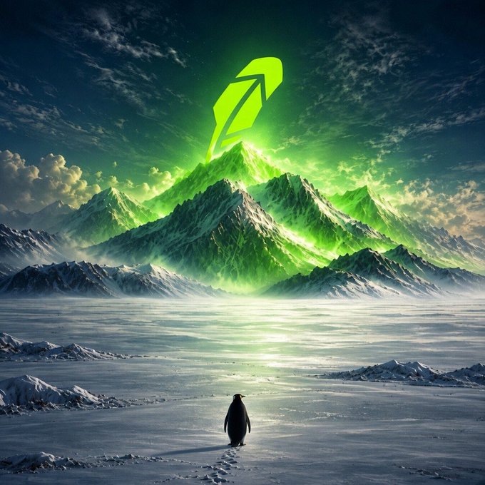 A small penguin walks across a vast icy plain toward a towering mountain glowing with an ethereal green light beneath a stylized arrow logo, symbolizing an upward bullish trajectory that ties into the "GM Winners ☀️" post's optimistic market sentiment.