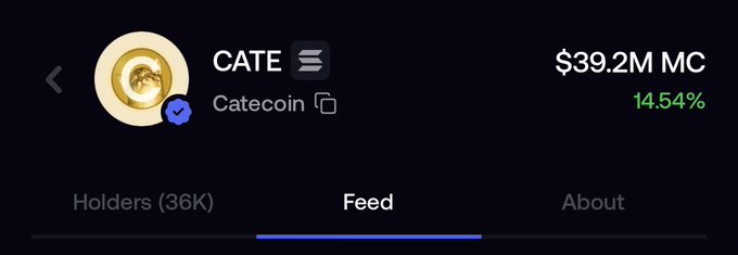 The image shows a Fomo app page for Catecoin (CATE) displaying a market cap of $39.2M with a 14.54% increase, featuring the "Holders (36K)" tab active which aligns with the post highlighting 36K holders and discussing the recent $700K sell-off that caused a sharp dip.