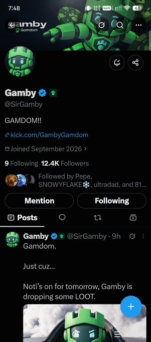 A Twitter/X profile for 'Gamby' (@SirGamby) with the bio 'GAMDOM!!', showing 12.4K followers and a recent post about dropping loot.