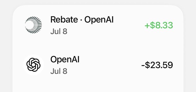 A transaction history snippet showing a 'Rebate · OpenAI' of +$8.33 and an 'OpenAI' charge of -$23.59, both dated Jul 8.