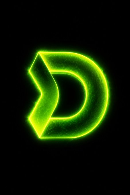 A glowing green stylized letter 'D' logo radiates neon light against a solid black background.