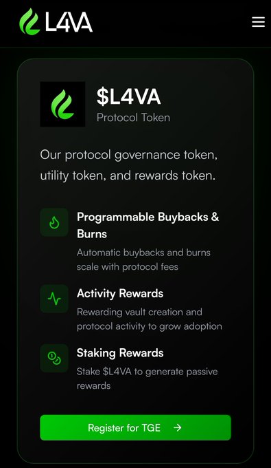Mobile interface for the L4VA protocol detailing the '$L4VA Protocol Token' as a governance, utility, and rewards token, featuring 'Programmable Buybacks & Burns,' 'Activity Rewards,' 'Staking Rewards,' and a 'Register for TGE' button.