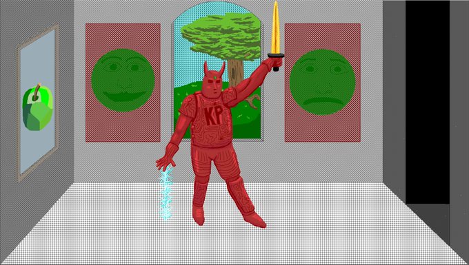 A pixel art illustration of a red devil-like warrior holding a golden sword and a glowing blue chain, standing in a room with green smiley face paintings on the walls.