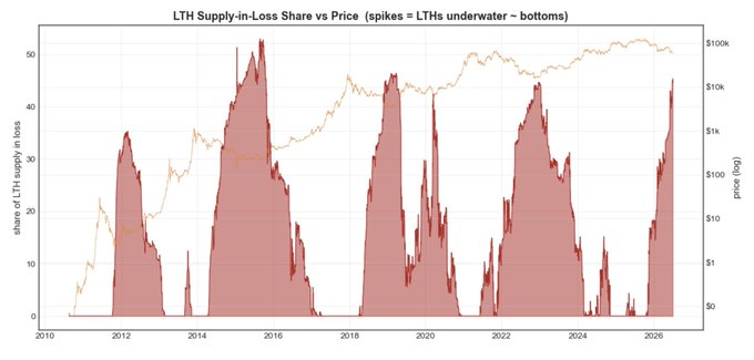 The image is a chart titled "LTH Supply-in-Loss Share vs Price," showing Bitcoin's long-term holder supply-in-loss percentage (red spikes) overlaid against price (orange line) from 2010 to 2026, with notable underwater spikes in 2012, 2015, 2018-2019, 2022, and 2025. The chart supports the post's claim that long-term holders have returned to underwater territory for the first time since 2022, with the recent 2025 spike indicating that "patient money" is once again experiencing losses—a signal historically associated with market bottoms.