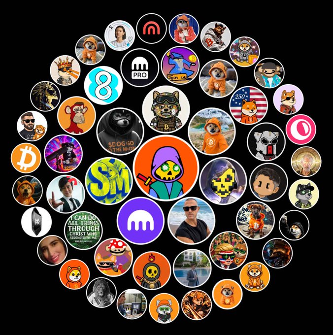 A collage of circular icons, badges, and illustrations featuring Shiba Inu and meme-themed characters, including crypto logos and cartoon figures, arranged in a pyramid shape on a black background.