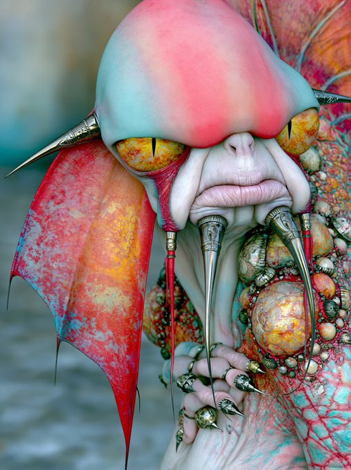 A surreal digital artwork depicting a grotesque creature with a bulbous pink and blue head, yellow reptilian eyes, metallic spike protrusions, and colorful textured wings or fins.