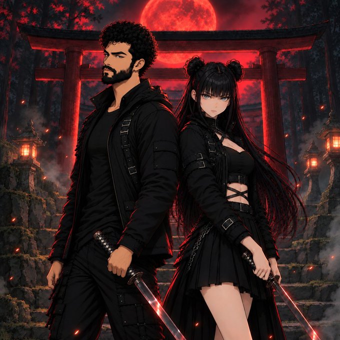 Anime-style digital illustration of a man and a woman with long black hair, both dressed in black, standing back-to-back holding swords in front of a glowing red torii gate and a red moon.