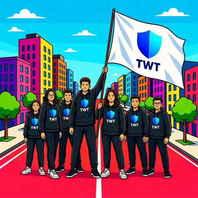 A cartoon-style illustration of a group of young people in matching black TWT-branded hoodies, with one holding a large white flag featuring the TWT shield logo, standing on a red path in a colorful city.