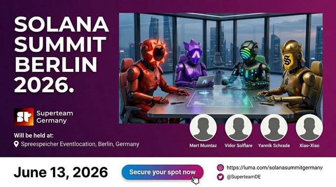 The image features a poster advertising a Solana Summit Berlin event that took place on June 13, 2026. The poster showcases a group of robots sitting around a table with laptops open, suggesting they are engaged in a meeting or discussion. There is also an image of a robot wearing a suit and tie, which adds to the professional atmosphere of the event. The text on the poster highlights that this conference was held in Berlin, Germany, and it was sponsored by Supertrain German.