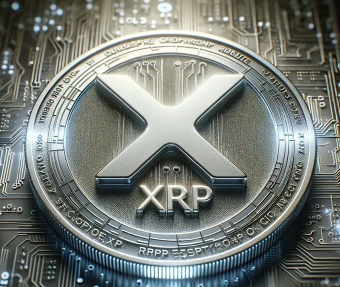 A close-up of a silver XRP coin resting on a circuit board, with "XRP" prominently displayed beneath the large X symbol, visually reinforcing the post's bullish stance on XRP and its mention of crypto trading on MEXC.