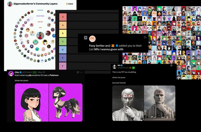 A collage of Twitter/X screenshots showing crypto community activity, including a tier list by @jponzalezferrer ranking PFPs (Canadie, Good Friend, Minted, Faded), a notification from Foxy (writer arc) @cryptofoxie adding a user to their NFT list, Cilin @BCGineth's post about their PFP as Pokémon, and @aezeedmantie requesting PFP art submissions. The image illustrates the kind of low-effort PFP engagement posts the poster is lamenting as part of why CT feels "dry" lately.