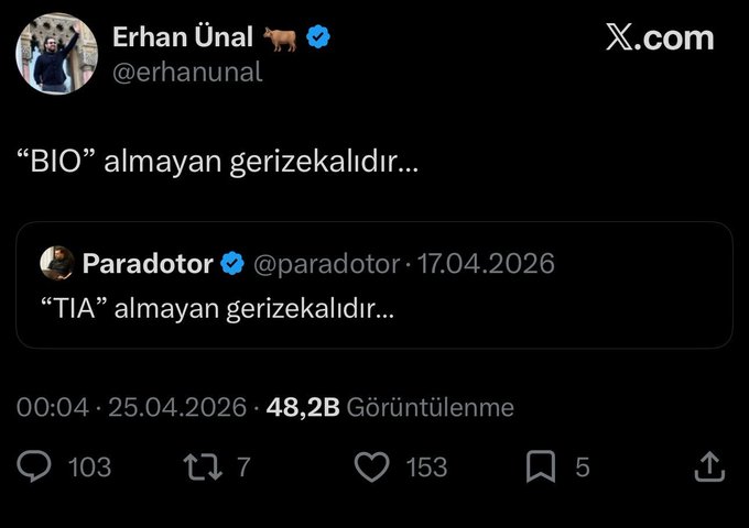 This Twitter exchange shows Erhan Ünal and Paradotor each stating that those who don't get "BIO" or "TIA" are foolish, ironically contrasting the "vibe" with the actual content.