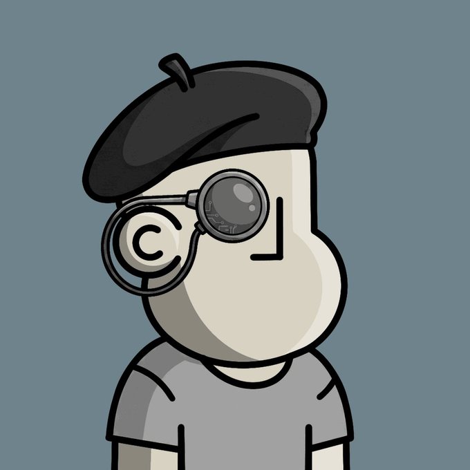 An illustration of a character wearing a black beret and round glasses with a copyright symbol inside one lens, set against a gray background.