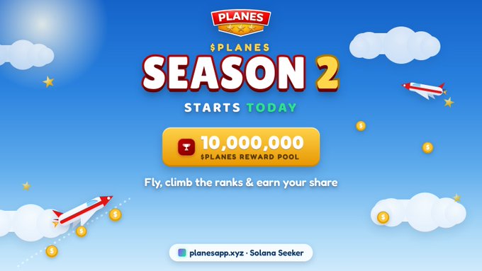 An advertisement for "PLANES SEASON 2 STARTS TODAY" on the Solana Seeker app highlights a "10,000,000 $PLANES REWARD POOL" to fly and climb the ranks.