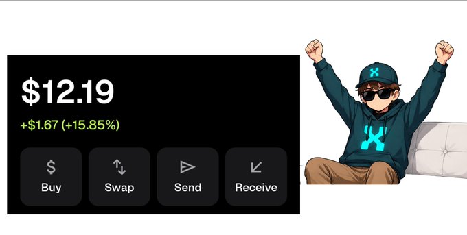 The image displays a crypto portfolio showing $12.19 with a +$1.67 (+15.85%) gain, alongside an illustrated character in a teal hoodie and cap celebrating with raised fists. The positive market movement ($1.67 increase) visually reinforces the post's excitement about portfolio gains and upcoming NFT mint participation, particularly the "Biwls NFT" mint mentioned.