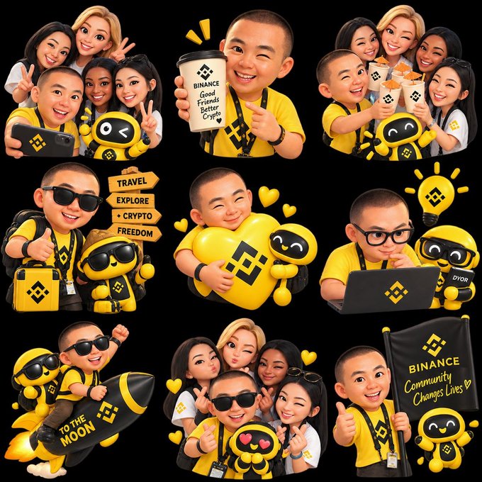 Caricature collage featuring an Asian man and a group of women in Binance-themed yellow outfits and merchandise, including a 'Binance Community Changes Lives' flag.