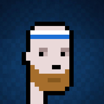 A low-resolution pixel art image shows a character with a blue-to-pink-to-orange gradient face and a simple expression against a dark blue background.
