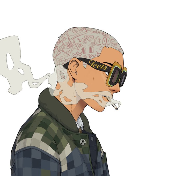A stylized illustration shows a man with tattooed head, gold-framed sunglasses branded "Jeets," smoking a cigarette with smoke billowing around his face, wearing a checkered flannel jacket—visually representing the NFT collection being discussed in the post.