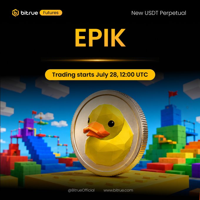 A promotional graphic from Bitrue Futures announces the launch of a new EPIK/USDT Perpetual contract featuring a 3D low-poly golden duck coin set against a colorful, blocky Roblox-style landscape, with text highlighting that trading begins July 28 at 12:00 UTC.