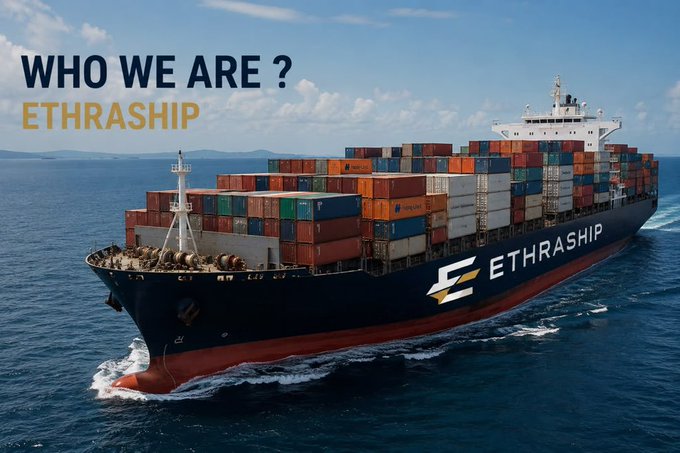 A large container ship branded "ETHRASHIP" sails through the open sea beneath the text "WHO WE ARE? ETHRASHIP," with the post noting that the company's "Who We Are" section revealed the project is built around more than just vessels.
