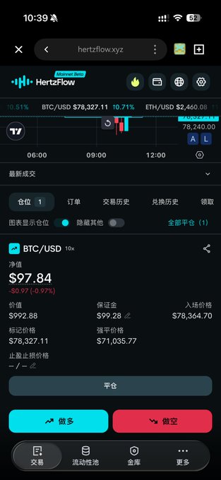The image shows a screenshot of the HertzFlow.xyz trading platform displaying a BTC/USD perpetual contract position with a 10x leverage, showing a current net value of $97.84 and an unrealized loss of $0.97 (-0.97%), with BTC/USD trading at $78,327.11. The platform, marketed as a perpetual contracts DEX on BNB Chain by founder @thecryptoskanda, shows active trading interface elements including position tabs, entry price ($78,364.70), and Buy/Sell buttons at the bottom.