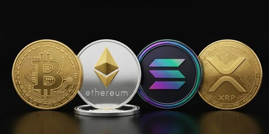 Four physical cryptocurrency coins are displayed against a black background, featuring Bitcoin ($BTC), Ethereum ($ETH) with its name visible, Solana ($SOL), and XRP with "ripple coin XRP" text inscribed. The image visually represents the major crypto assets mentioned in the ETF flow report, illustrating the diverse range of digital currencies that experienced mixed weekly inflows and outflows.