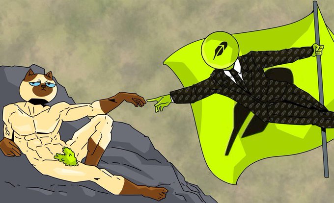 The image depicts a stylized illustration of a reclining anthropomorphic cat figure alongside a faceless character in a patterned suit holding a flag, with the figures' hands extended toward each other in a gesture reminiscent of Michelangelo's "Creation of Adam." This artwork complements the post announcing a giveaway of 10 GTD Purreh00d spots, requiring users to follow and comment with their EVM address to participate.