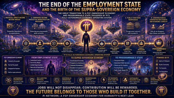 The image is an elaborate infographic titled "THE END OF THE EMPLOYMENT STATE AND THE BIRTH OF THE SUPRA-SOVEREIGN ECONOMY," illustrating Pi Network's vision for a transition to a P2P ownership economy powered by a fully autonomous economic operating system. It features sections on direct income (wages), company income, public functions, smart contracts, contributions, programmable state, sovereign AI, decentralized identity, and payment systems, with the tagline "JOBS WILL NOT DISAPPEAR; CONTRIBUTION WILL BE REWARDED."