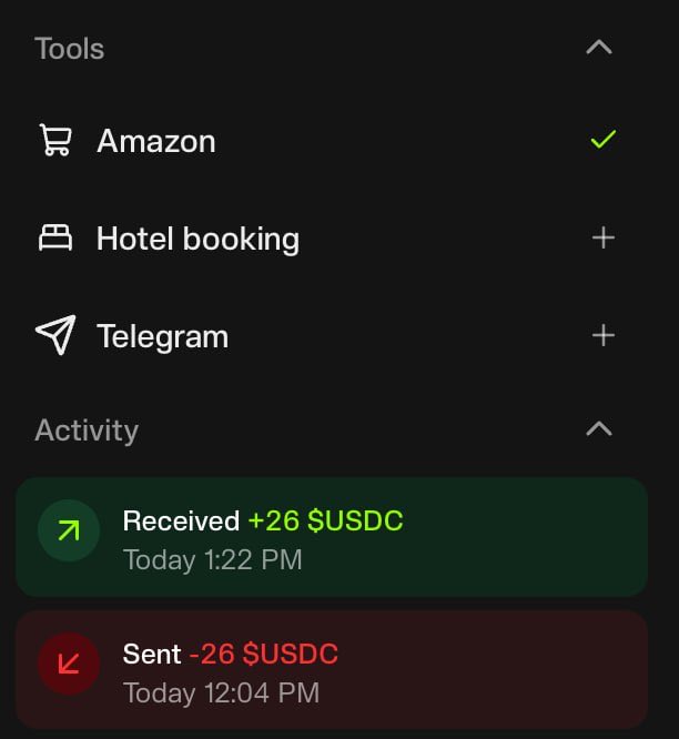 A mobile app interface showing Tools menu with Amazon enabled and Telegram option available, plus Activity log showing "Received +26 $USDC" at 1:22 PM and "Sent -26 $USDC" at 12:04 PM.